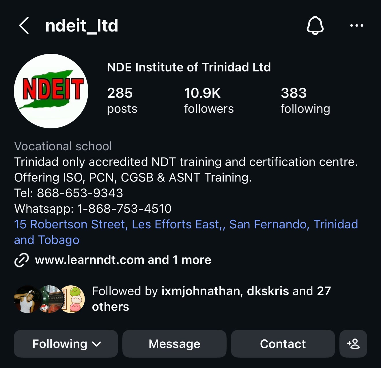 NDE Institute of Trinidad Instagram profile showing 10.9K followers